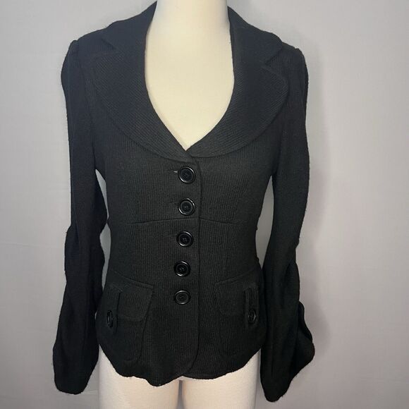 Nanette Lepore Blazer V-Neck Knit Black Buttons Career Office Size M Wool Blend - Picture 3 of 8